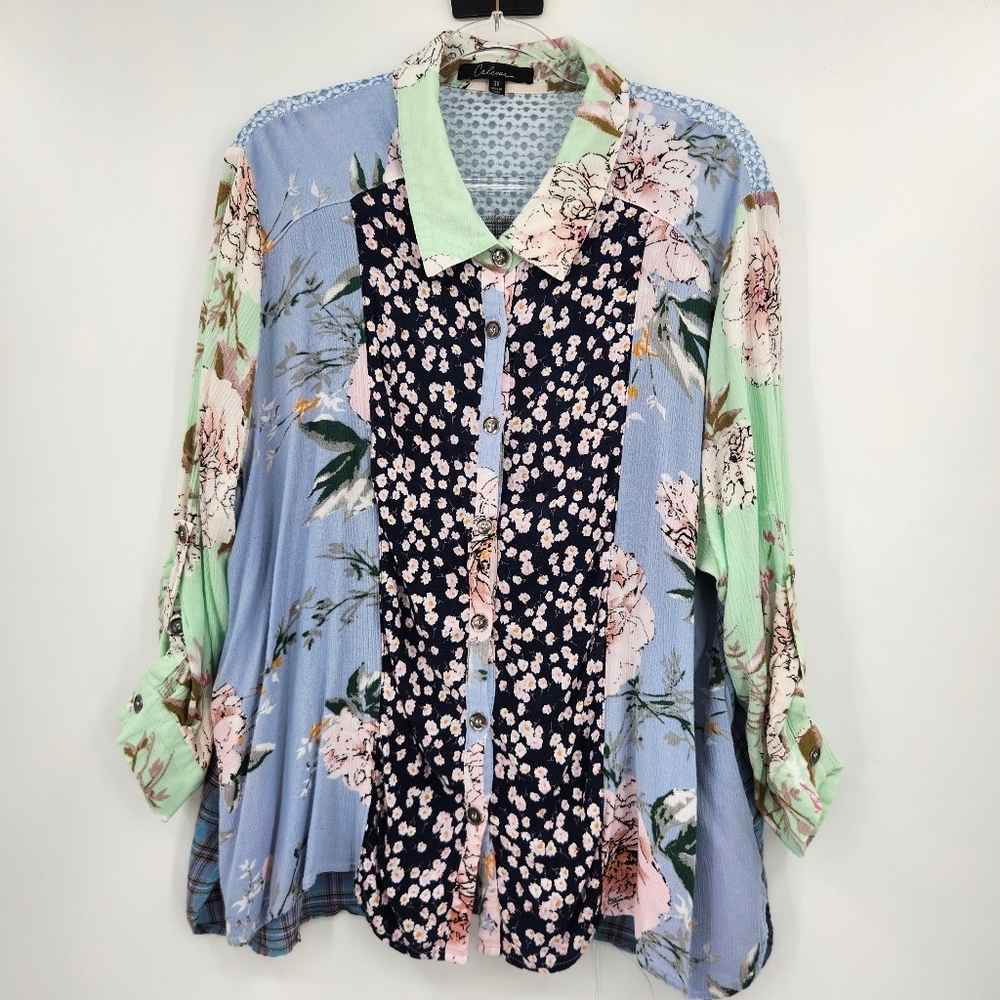Calessa Long Sleeve Roll Tab Button Front Shirt Womens Plus Size 3X Mixed Media